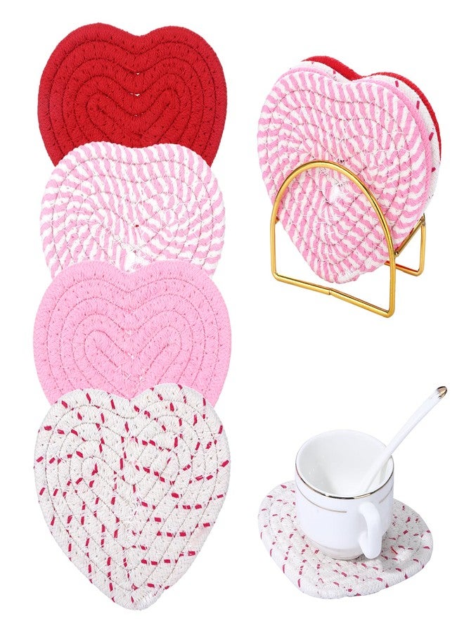YONHTUTU Pink Heart Coasters Set of 4, Handmade Braided Cotton Cute Coasters with Holder, Valentines Drink Accessories for Home Restaurant Tea Coffee Bar Decoration Stocking Stuffers - Image 1